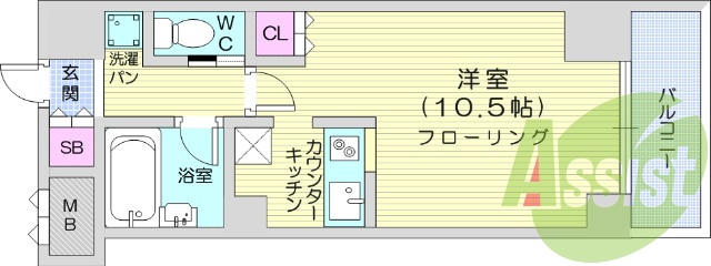 1K、エアコン、バストイレ別、オートロック