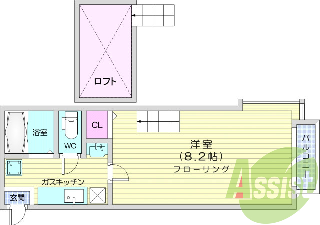 １K、ロフト付き、角部屋、バストイレ別、エアコン