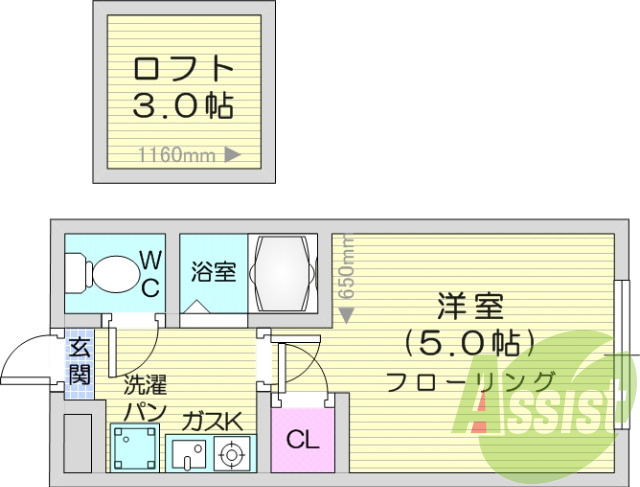 1K、ガスキッチン、バストイレ別、エアコン、ロフトつき
