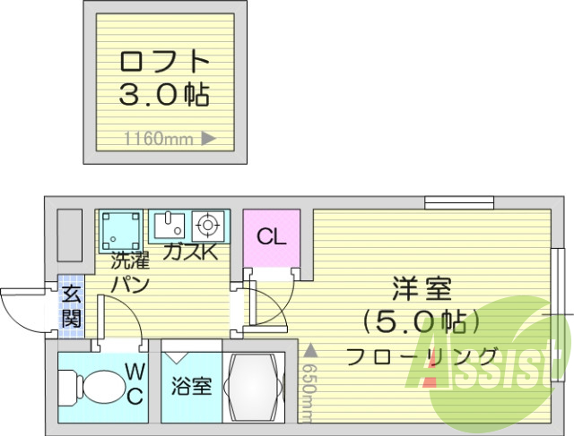 1Ｋ、ガスキッチン、バストイレ別、エアコン、ロフトつき