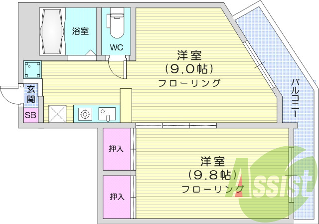 １LDK、シャワー、エアコン、トイレ、シューズボックス。