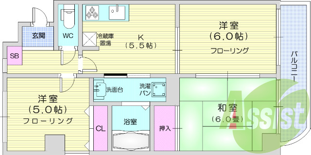 3K、システムキッチン、エアコン、独立洗面台