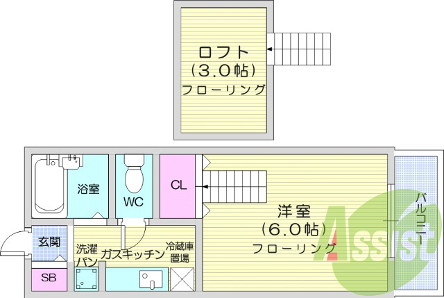 1K、日当たり良好、バストイレ別、給湯器、南西向き