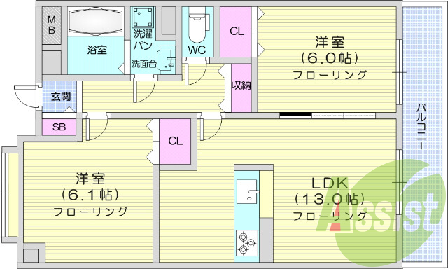2LDK、グリル付き、オートロック、浴室乾燥機