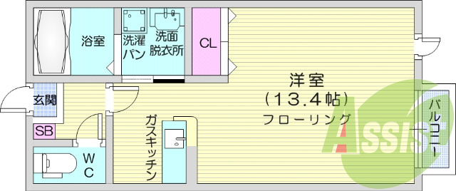 1R、室内洗濯機置場、独立洗面台、カウンターキッチン