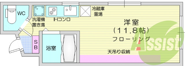 ワンルーム、IH付、モニターホン、天吊り収納、フローリング