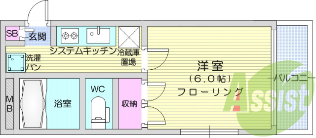 1K、システムキッチン、バストイレ別、モニター付インターホン