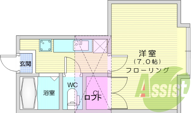 1K、エアコン、バストイレ別、ロフト、モニターインターホン