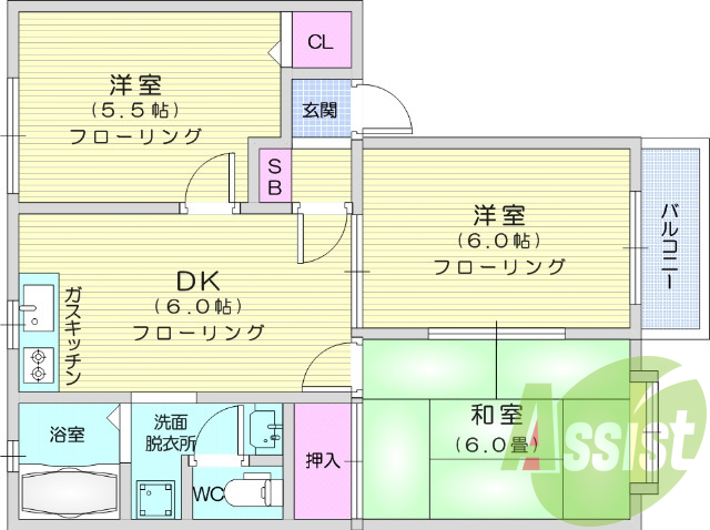 3DK、エアコン、室内洗濯機置き場、トイレ浴室別、収納