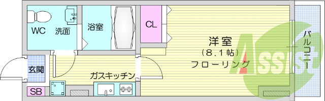 1K、エアコン、室内洗濯機置き場、トイレ浴室別、クローゼット