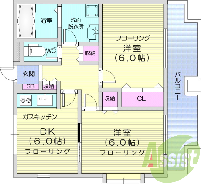 ２DK、バルコニー、エアコン、クローゼット