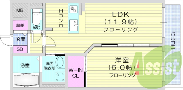 1LDK、独立洗面台、追い炊き、IHクッキングヒーター