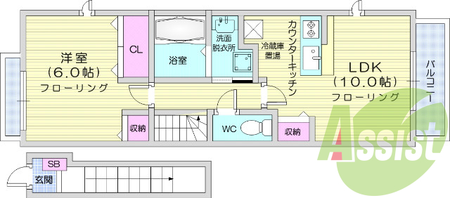 １LDK、カウンターキッチン、独立洗面台、ウォシュレット
