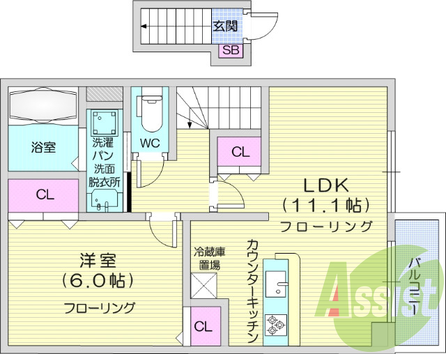 １LDK、角部屋、カウンターキッチン、独立洗面台