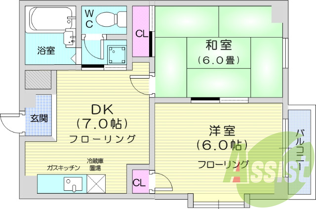 2DK、追い炊き機能付き浴室、バストイレ別