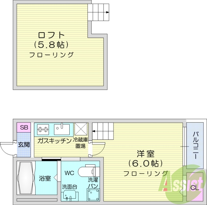 1K、エアコン、バストイレ別、ロフト、オートロック