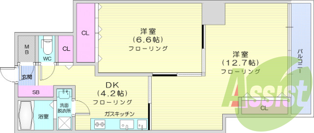 2DK、南向き、風呂トイレ別、独立洗面台