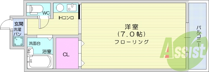 1K、都市ガス、モニター付きインターホン、ミニ冷蔵庫