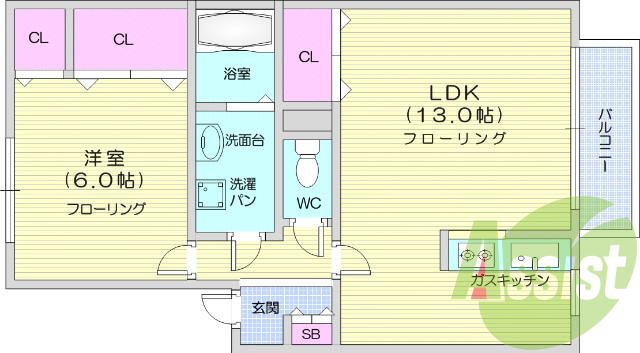 1LDK、角部屋、追い焚き機能、TV付インターホン。