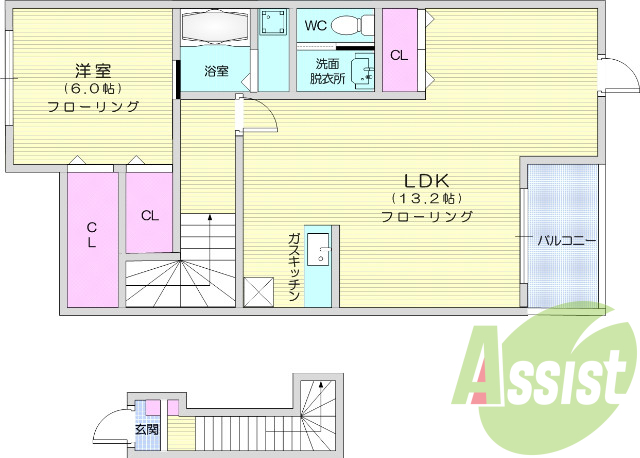 1LDK、エアコン、フローリング、バルコニー、ウォークイン