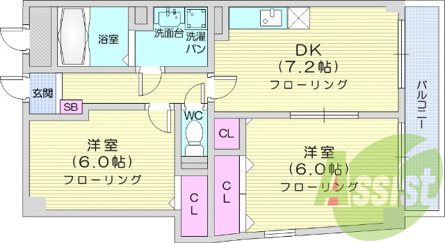 2DK、角部屋、バス・トイレ別、エアコン