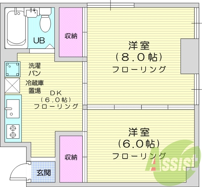 2DK、都市ガス、インターネット無料、角部屋