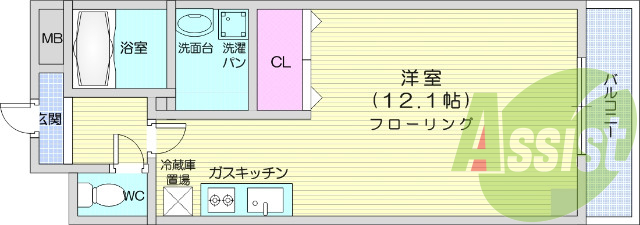 洋室12.1帖、エアコン、音声インターホン、バス・トイレ別