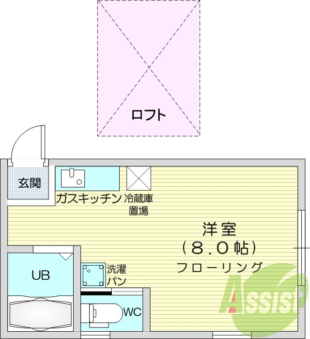 1R、ロフト、ウォシュレット付きトイレ、エアコン。