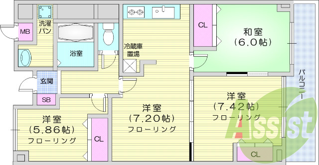 3LDK、エアコン、都市ガス、バス・トイレ別、