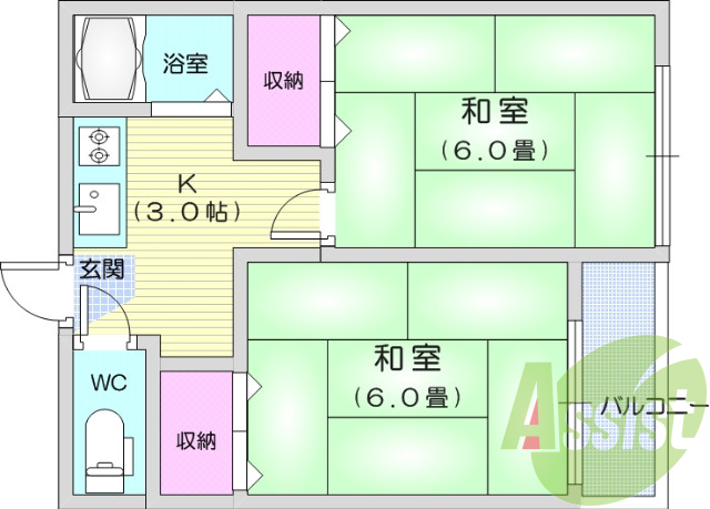 ２K、バストイレ別、室内洗濯機置き場