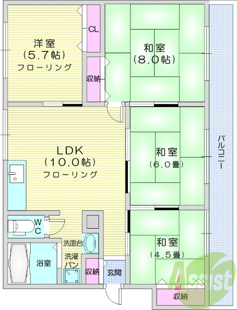 4LDK、エアコン、B、T別、角部屋、南向き