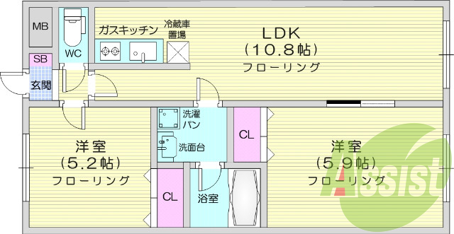 2DK、角部屋、エアコン、３口ガスコンロ、バス・トイレ別