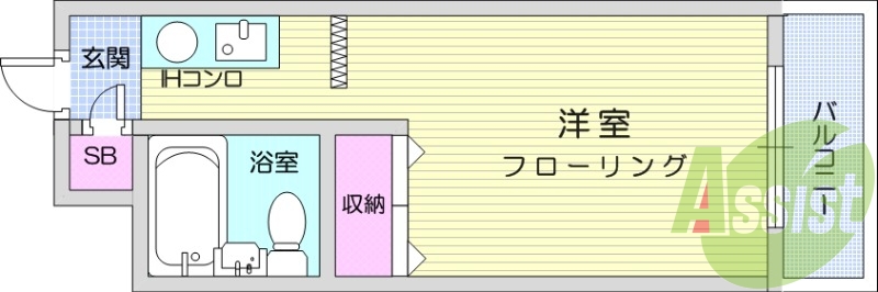 1R、フローリング、エアコン、都市ガス。