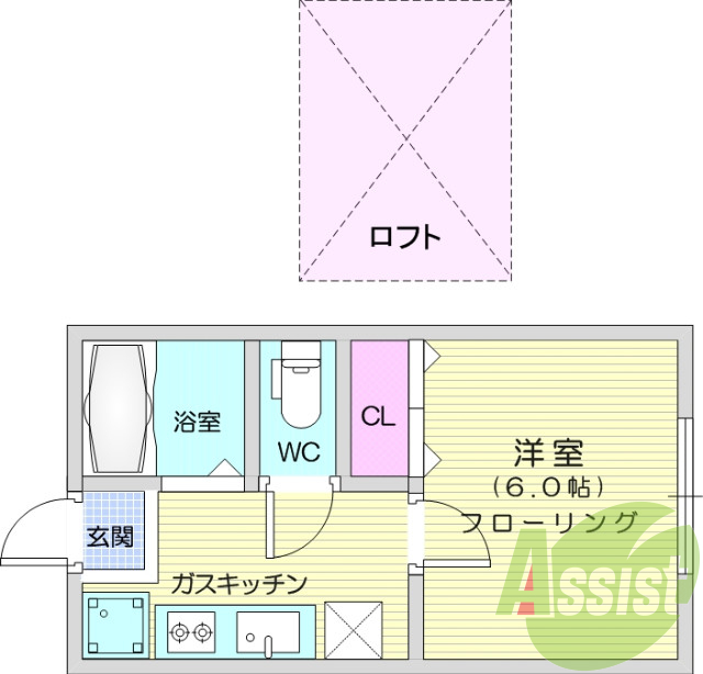 １Ｋ・エアコン・ロフト付き・温水洗浄便座付き