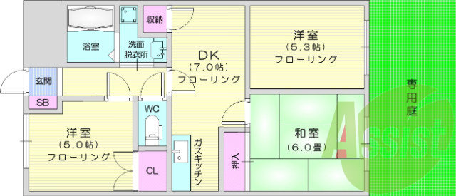 3ＤＫ、都市ガス、温水洗浄便座、専用庭、バストイレ別