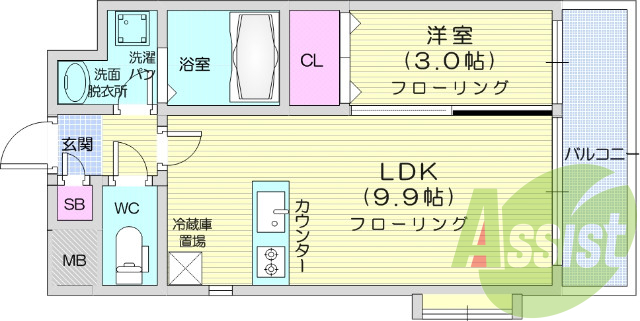 1LDK、オートロック、バストイレ別、追い焚き機能