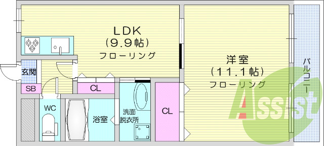 1LDK、バス・トイレ別、脱衣所、バルコニー、宅配ボックス