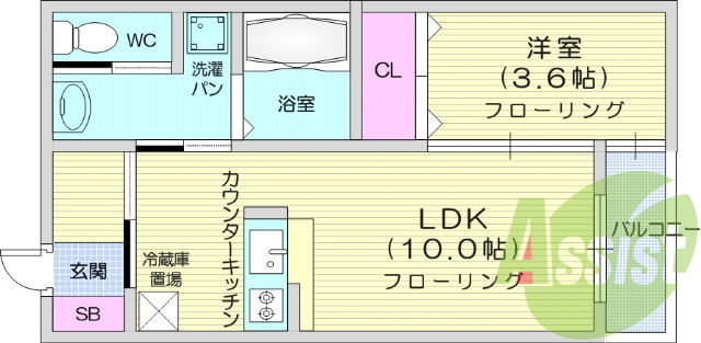１LDK、カウンターキッチン、バストイレ別、追い炊き機能付き