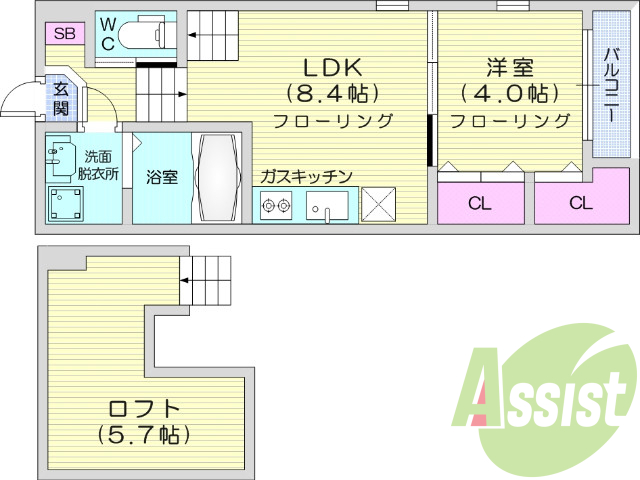 浴室乾燥機、シャワートイレ、ロフト、ガステーブル二つ口