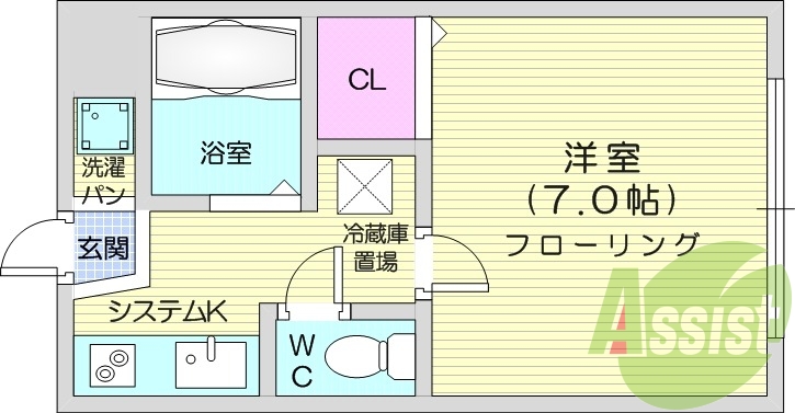 1K、エアコン、TV付モニターイヤホン、室内洗濯機置き場