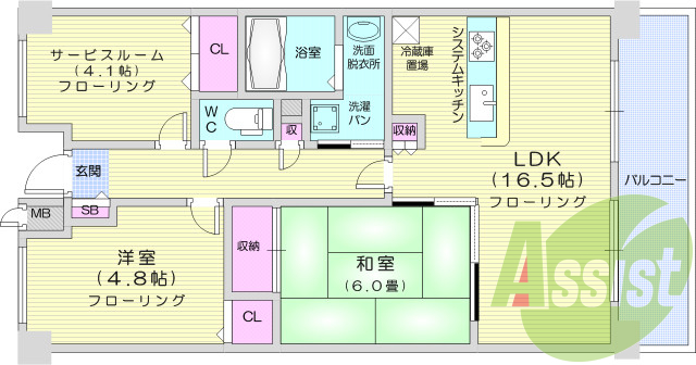 2LDK+S、システムキッチン、追い焚き、独立洗面