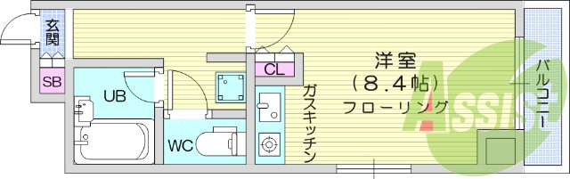 1R、エレベータ、TV付インターホン、都市ガス