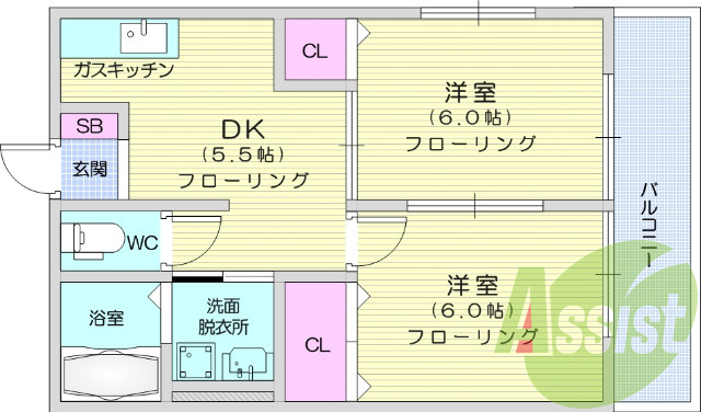 ２DK、バストイレ別、シューズボックス、バルコニー