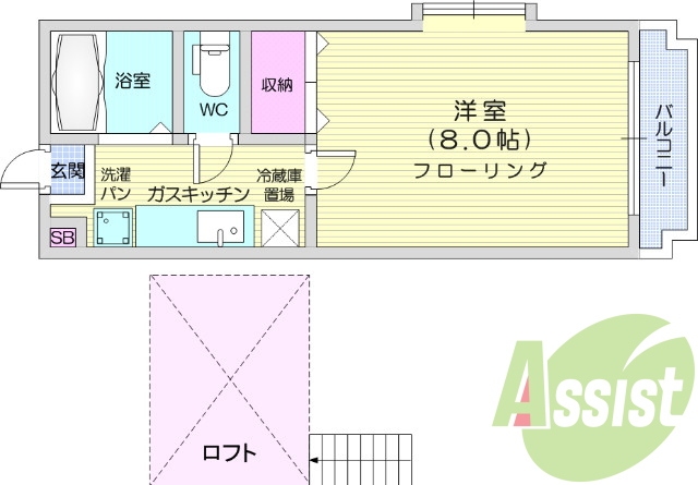 1K、ロフト、バルコニー、バス・トイレ別、シューズボックス