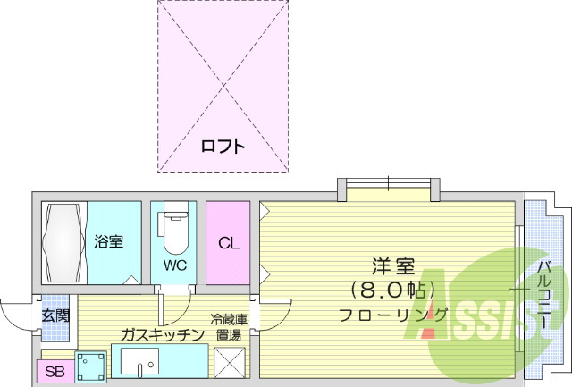 １K、ロフト付き、バス・トイレ別、シューズボックス
