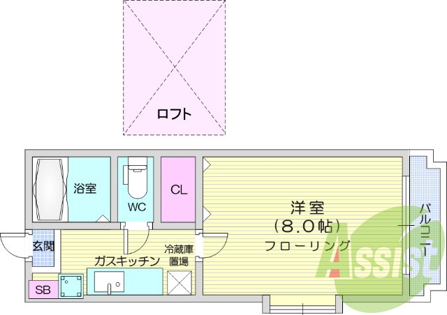 １K、ロフト付き、バス・トイレ別、シューズボックス