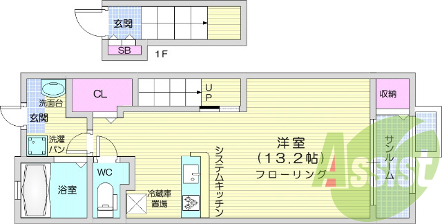 1K、モニター付きインターホン、バス・トイレ別。