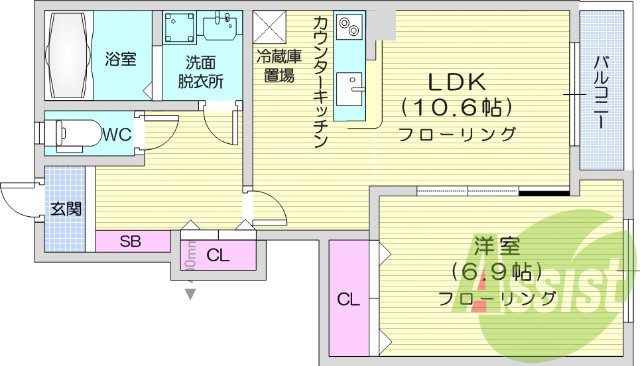 １LDK、オール電化、インターネット無料、カウンターキッチン