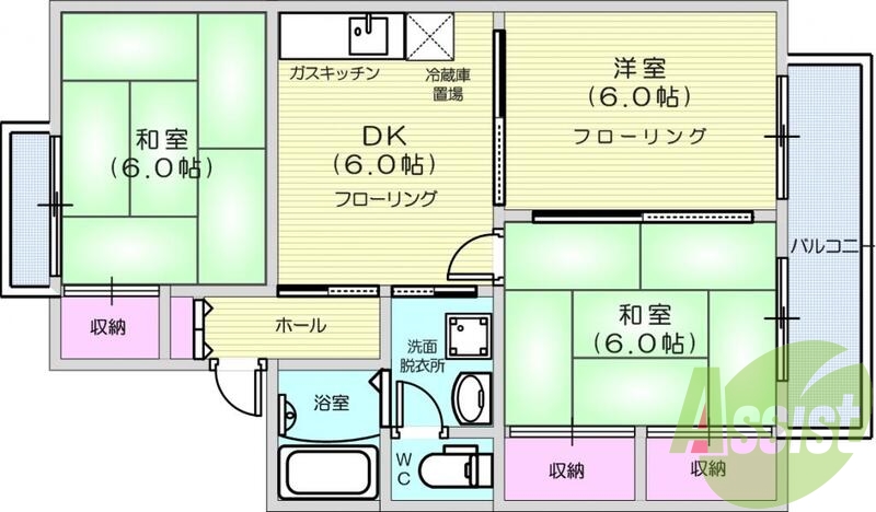 3DK、クローゼット、バルコニー、追い焚き、給湯