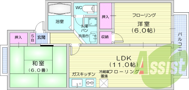 2LDK、給湯、バス・トイレ別、BSアンテナ、和室、洋室